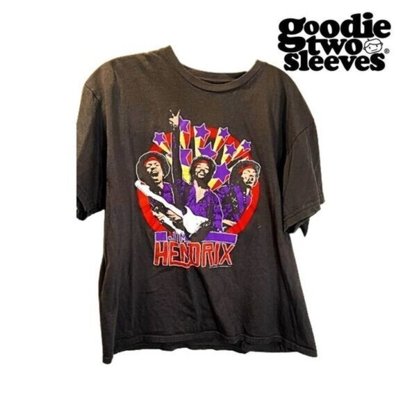 Jimi Hendrix- 3 Pics on a Charcoal Ringspun Cotton Shirt by Goodie Two‎ Sleeves - Picture 2 of 6